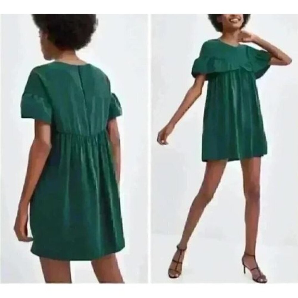 Zara Trf Romper Womens Large Dark Green Ruffle Babydoll Mini Pockets Cottagecore